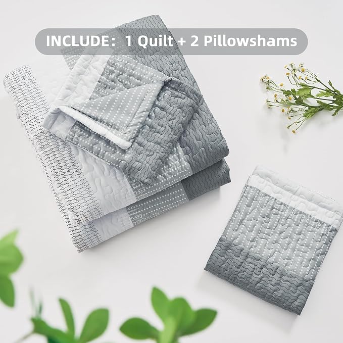 Andency Grey Striped Quilt King, 3 Pieces Patchwork Bedspread Coverlet Set - Image 7