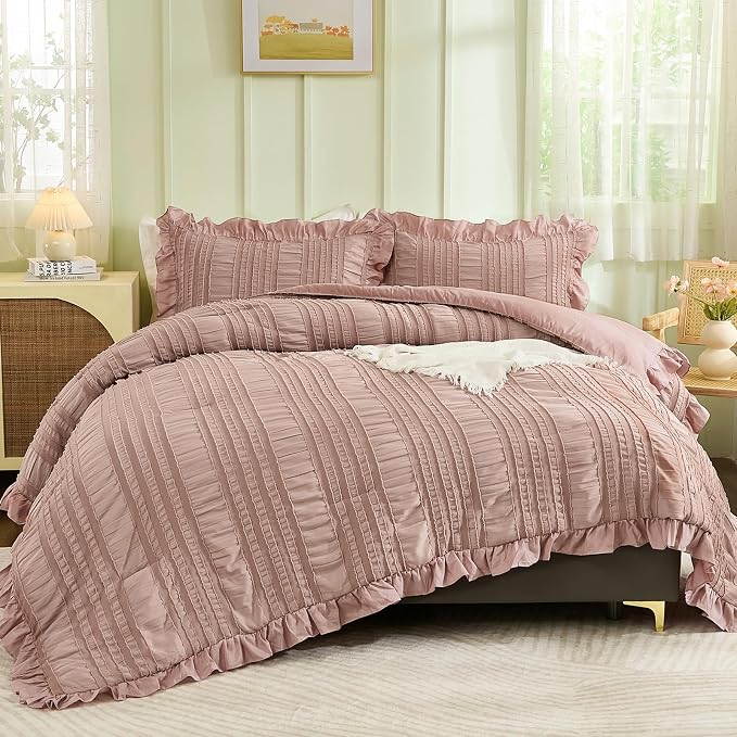 WONGS BEDDING Pink Comforter Set Queen, 3 Pieces Ruffle Farmhouse Shabby Chic by WONGSBEDDING