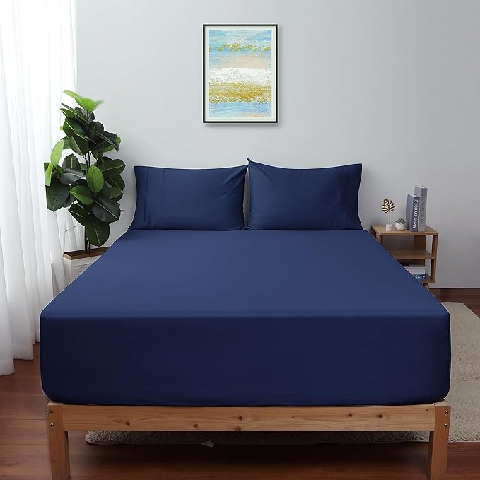 Full Size Fitted Sheet Only Navy Blue, 100% Egyptian Cotton 600 Thread Count by ShunjieHome