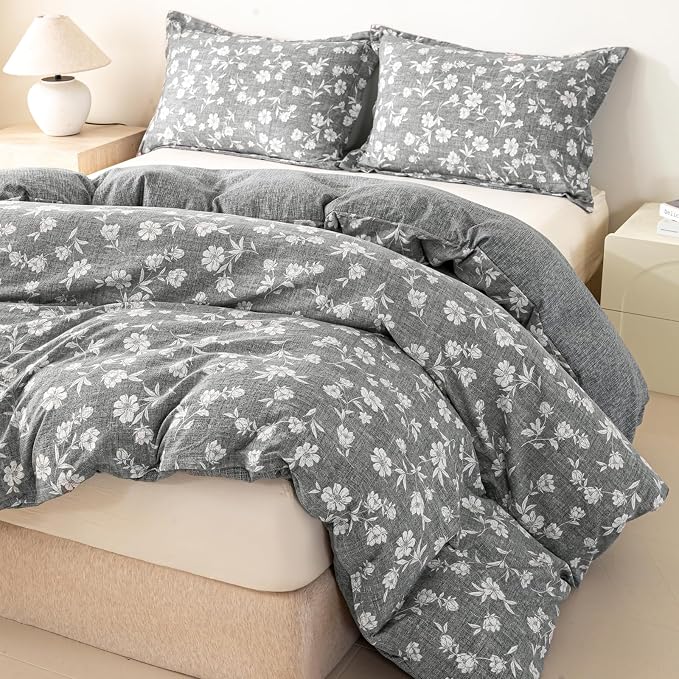 OAITE Grey Flower Twin Size Duvet Cover-3 Pieces Prewashed Cotton-Like - Image 5