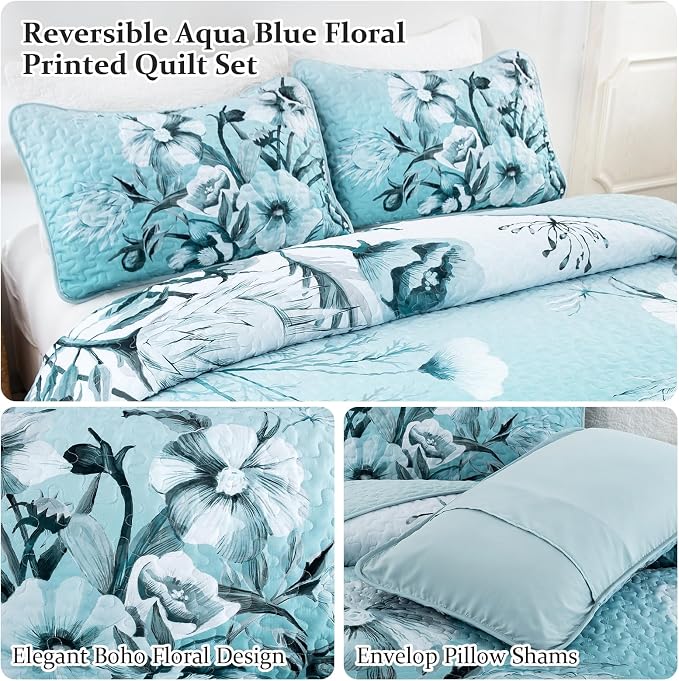 Blue Floral Quilt Set King Size 3 Pieces Boho Flower Quilt Coverlet Set Soft - Image 6