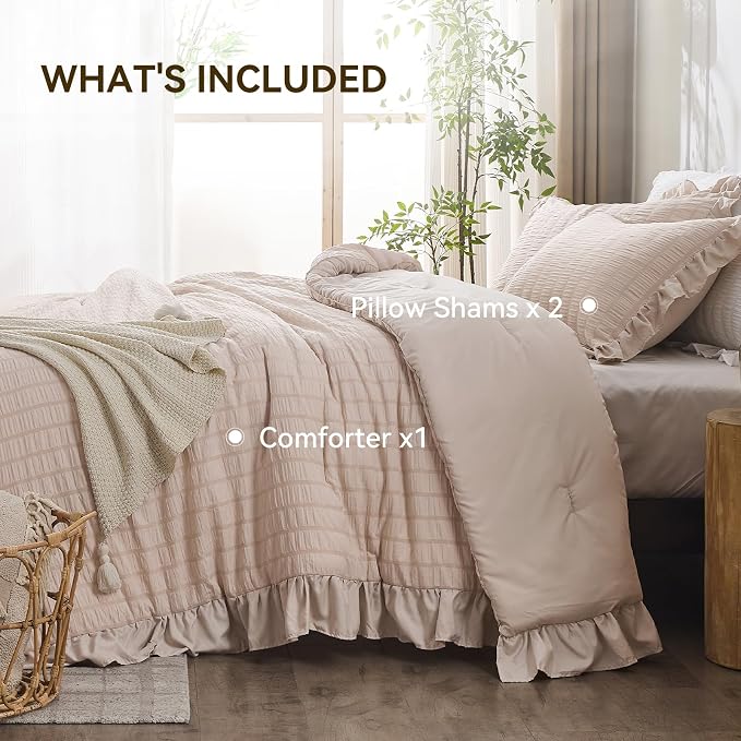 JOLLYVOGUE Beige King Comforter Set, 3 Pieces Seersucker Comforters King Size - Image 5
