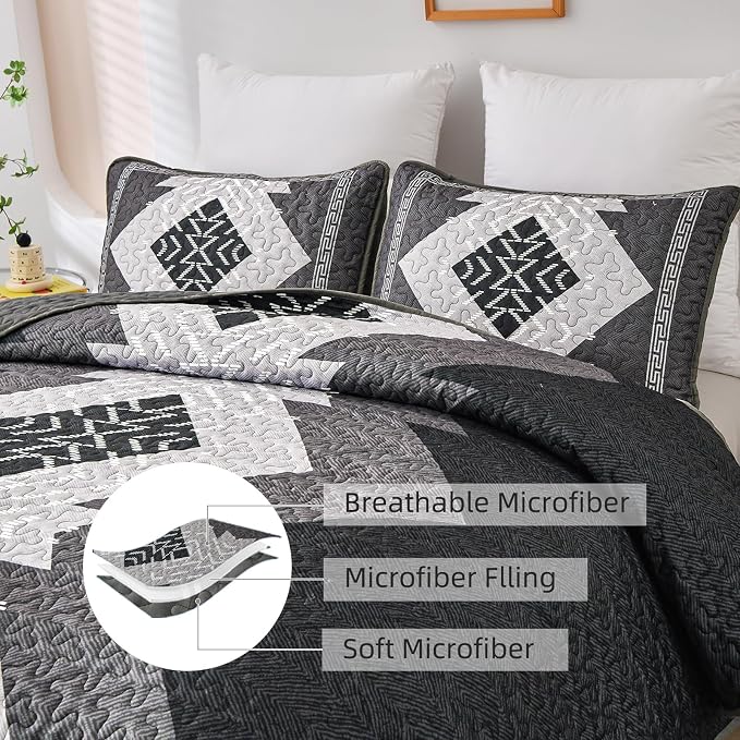 Dintszyayue Boho Queen Quilt Set 3 Pieces Black Grey Aztec Texture Bedspread - Image 6