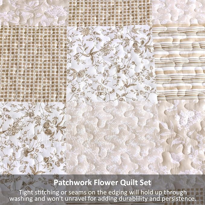 Mybedsoul Beige Boho Quilt Set King Size, 3 Pieces Plaid Floral Bedspread Set - Image 6