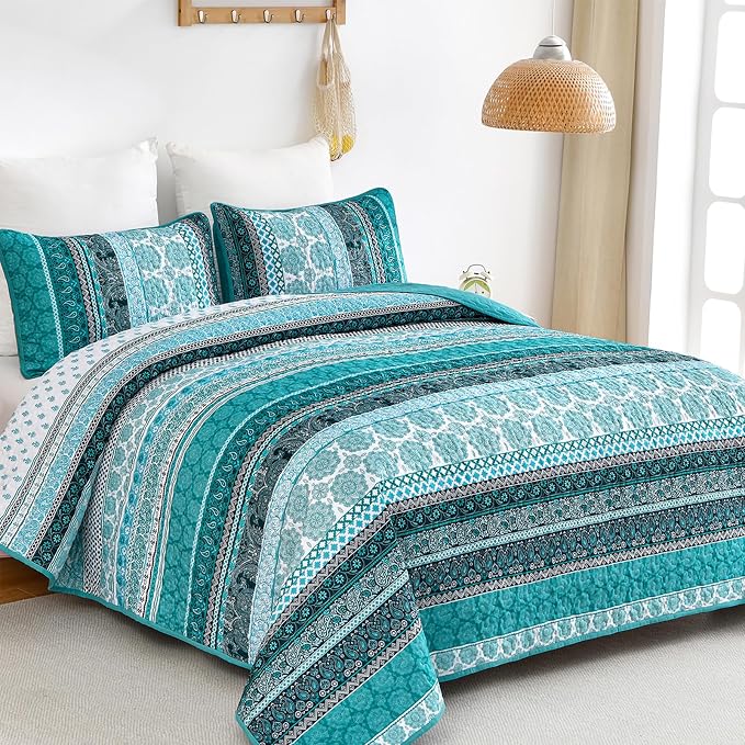 WONGS BEDDING Boho Quilt Set King Size, Teal 3 Pieces Bohemian Striped - Image 2