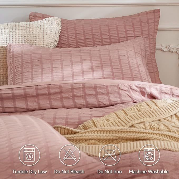 JELLYMONI Smokey Pink Duvet Cover Twin Size, Soft Breathable Seersucker Duvet - Image 4