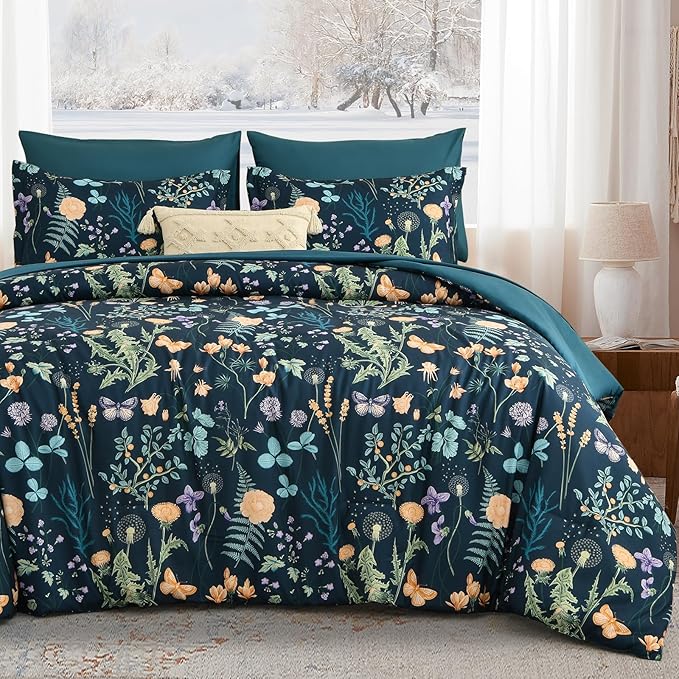 Yiran Comforter Set Queen Size, 7 Piece Peacock Blue Floral Comforters by Yiran