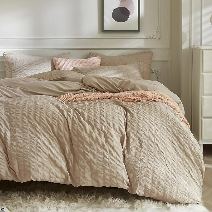 JELLYMONI Khaki Duvet Cover Twin Size, Soft Breathable Seersucker Duvet Cover by JELLYMONI