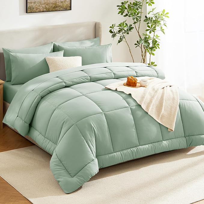 CozyLux Queen Comforter Set Sage Green, 7 Pieces Bed in a Bag, All Season - Image 8