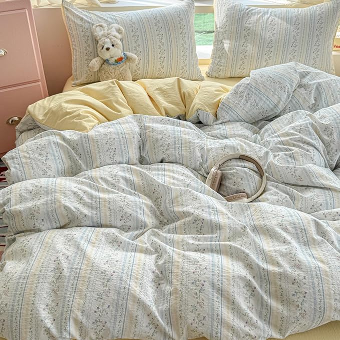 BOLINLIVING Vintage Floral Duvet Cover Full Size, Reversible Blue Striped by BOLINLIVING