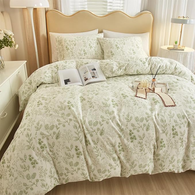 mixinni Girls Boho Green Floral Duvet Cover Set Twin Size Cotton Soft Aesthetic - Image 5