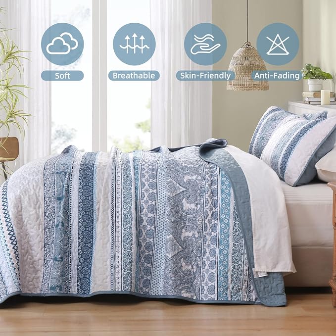 WONGS BEDDING Boho Quilt Set Queen Size, Lightweight Bedspread Coverlet Bedding - Image 4