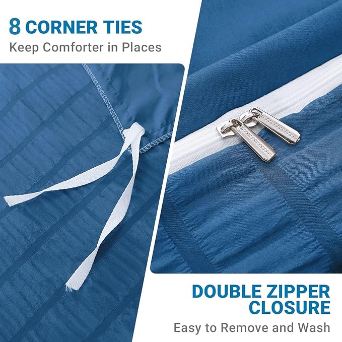 HYMOKEGE Teal Duvet Cover Queen Size, Ultra Soft 3-Piece Seersucker Duvet Cover - Image 4