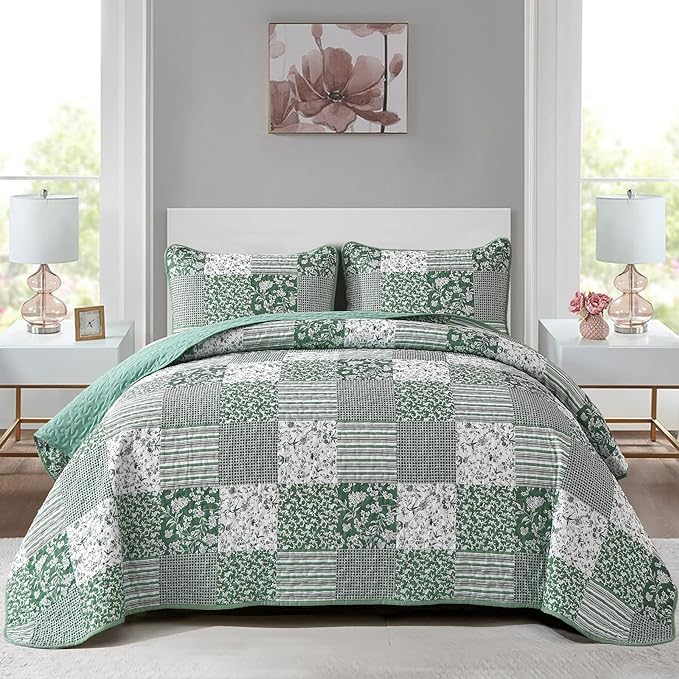 Mybedsoul Sage Green Boho King Quilt Set, 3-Piece Reversible Soft Plaid Floral by Mybedsoul
