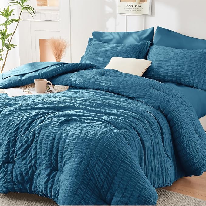 HYMOKEGE Teal Queen Comforter Set Seersucker 7 Pieces, All Season Luxury Bed in by HYMOKEGE