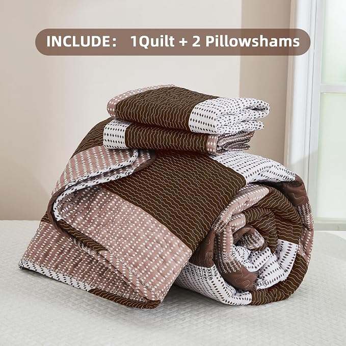 Andency Queen Quilt Bedding Set Brown, 3 Pieces Patchwork Coffee Striped Ultra - Image 7