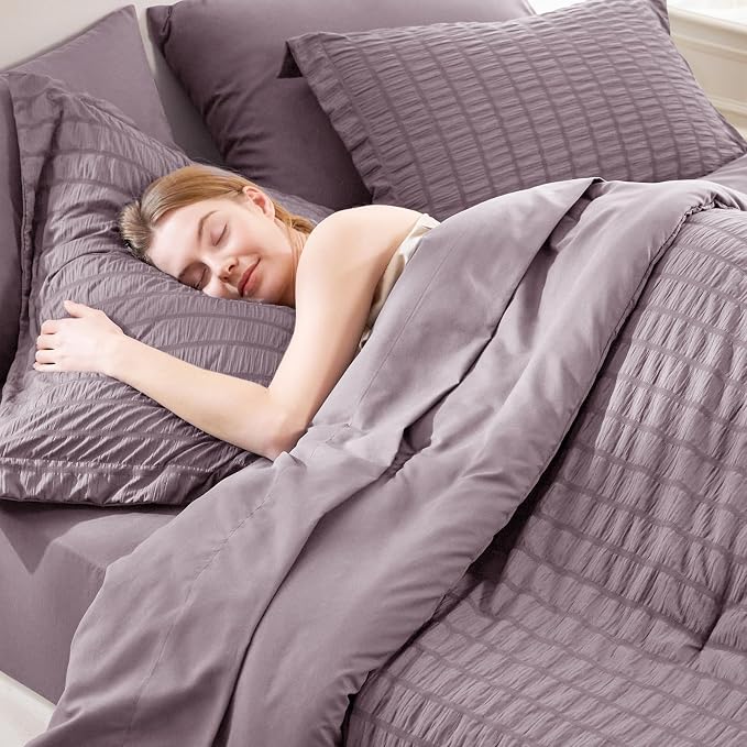 CozyLux Queen Comforter Set Dusty Purple Seersucker 7 Pieces Bed in a Bag Queen - Image 7