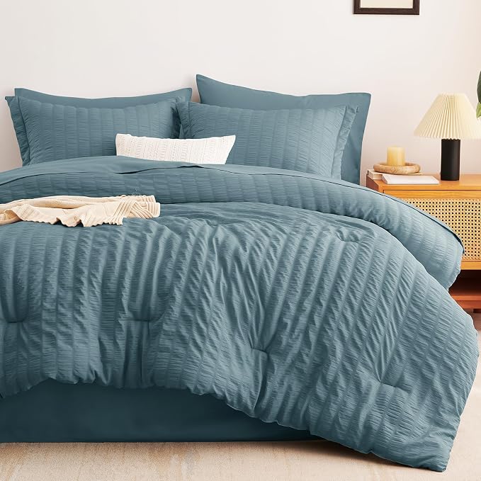 CozyLux Oversized King Comforter Set Mineral Blue Seersucker 7 Pieces 120x98 - Image 9
