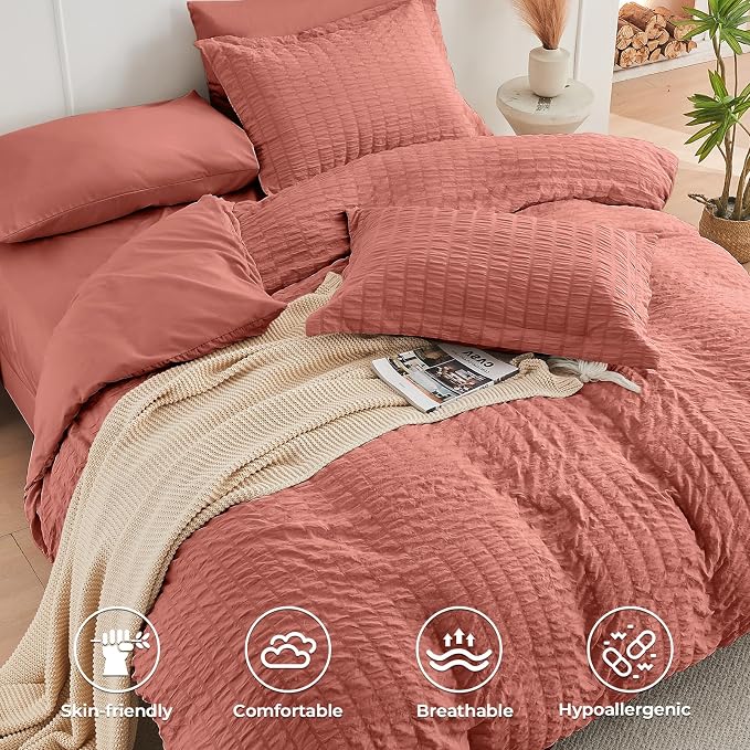 HYMOKEGE Coral Queen Comforter Set Seersucker 7 Pieces, All Season Luxury Bed - Image 3