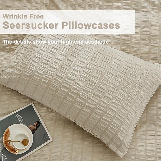 AveLom Beige Seersucker Duvet Cover Set Queen Size, 3 Pieces, Ultra Soft Washed - Image 6