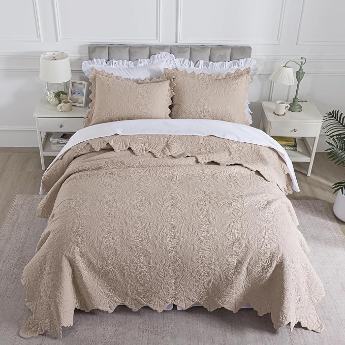Brandream Khaki Cotton Quilt Set King Size Vintage Cottage Floral Vine Bedding - Image 2