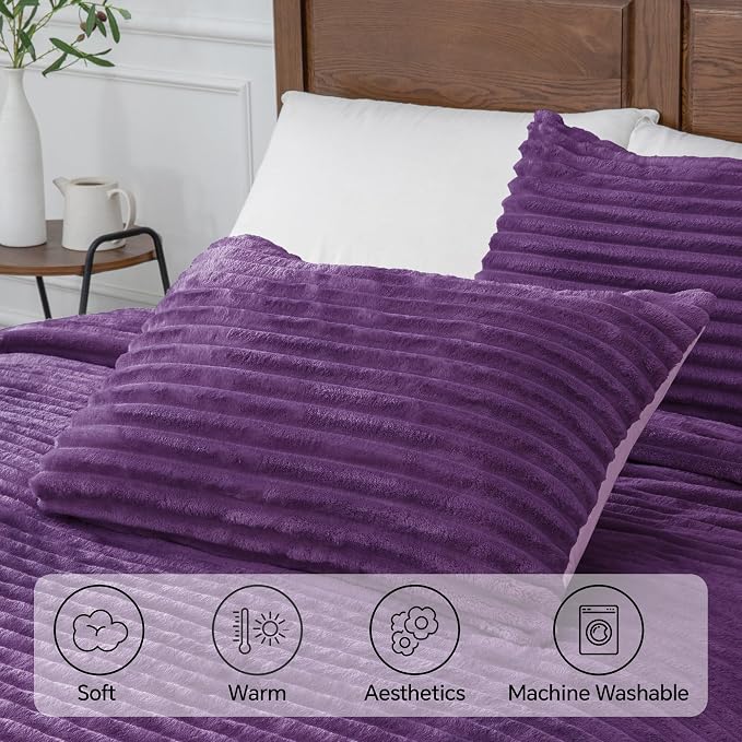 BEDELITE Fleece California King Comforter Set -Super Soft & Warm Fluffy Purple - Image 5
