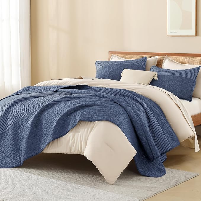 Litanika Quilt King Size Sapphire Blue, Stripe Patchwork Summer Bedspread - Image 4