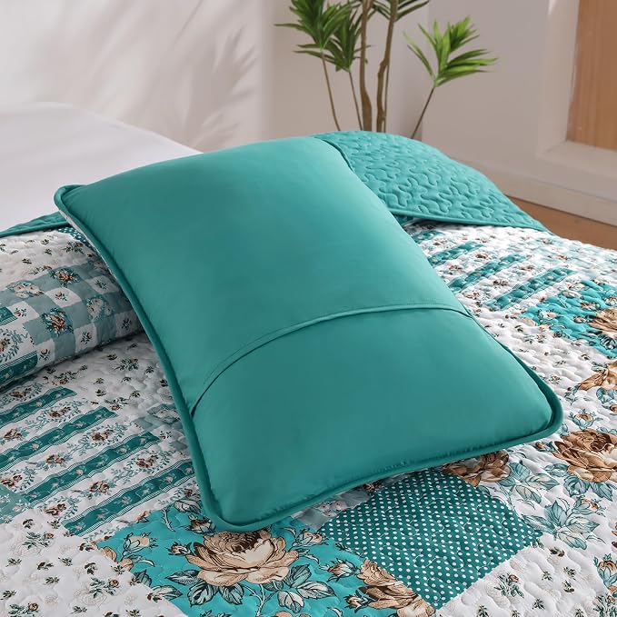Anibedding Teal Quilt Set Queen Size Patchwork Floral Bedspread Coverlet - Image 6