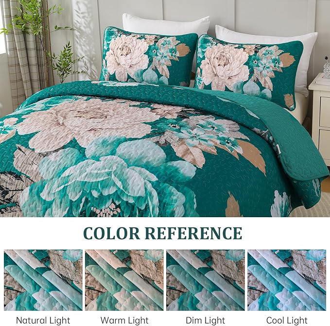 WONGS BEDDING Teal Boho Floral Quilt Set King, 3 Pieces Elegant Flower - Image 7