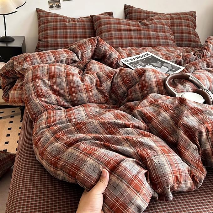 PinkMemory Caramel Blue Gingham Duvet Cover Queen 100% Washed Cotton Buffalo by PinkMemory