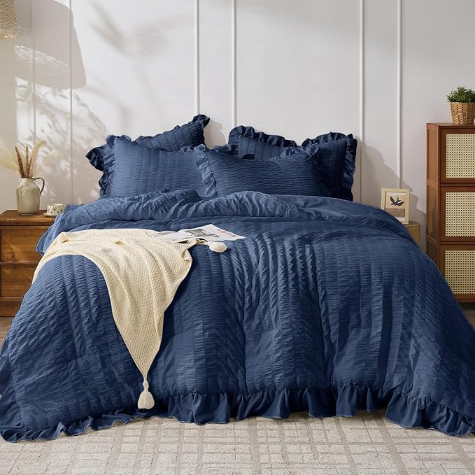 JOLLYVOGUE Navy Blue King Comforter Set, 3 Pieces Seersucker Comforters King by JOLLYVOGUE