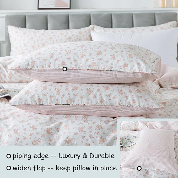 FADFAY Twin Duvet Cover Set Pink Floral Comforter Cover 100% Cotton Girls Pink - Image 4
