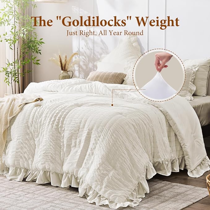 JOLLYVOGUE Ivory King Comforter Set, 3 Pieces Seersucker Comforters King Size - Image 3