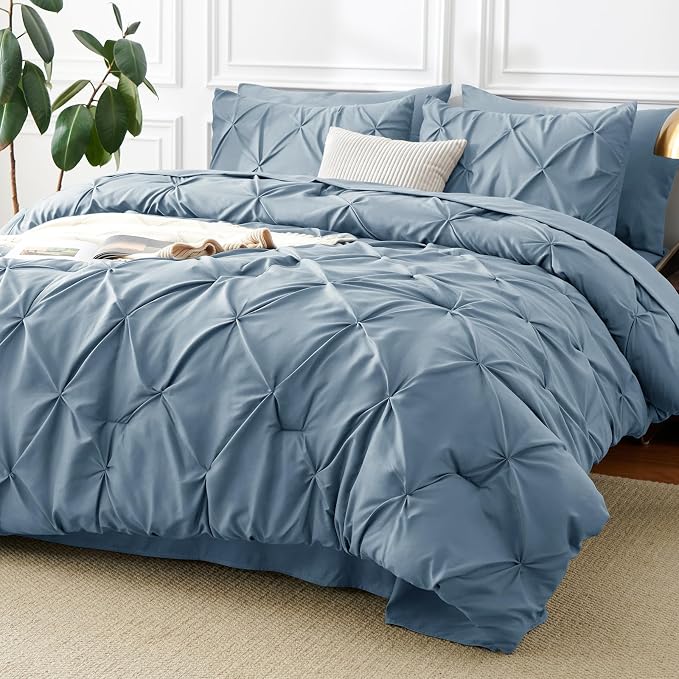 CozyLux Full Size Comforter Sets Mineral Blue, 7 Pieces Pintuck Bed in A Bag by CozyLux