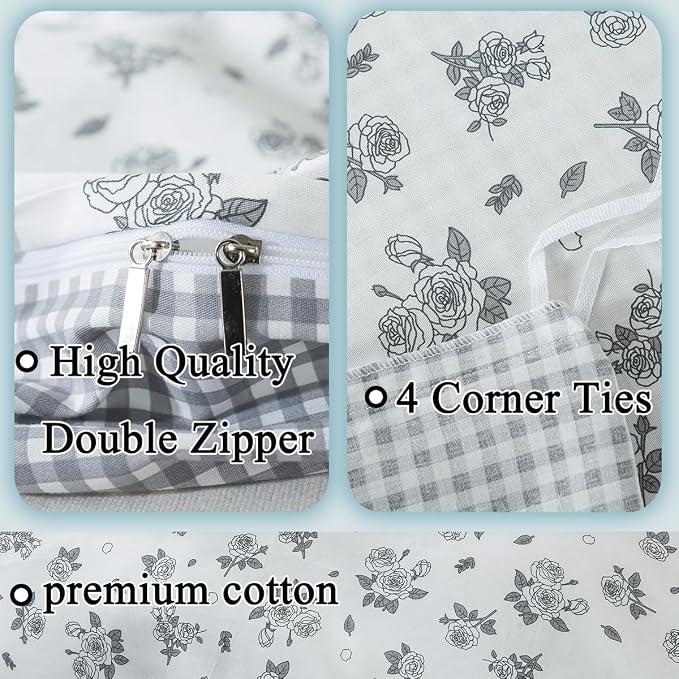 FADFAY Floral Duvet Cover Set King/Cal King Size 100% Cotton Grey White Flower - Image 3