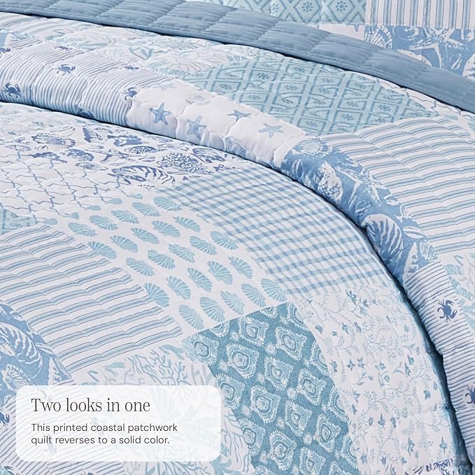 BLOOMHAVEN Quilt Set Queen Size, Patchwork Sea Blue Floral Quilt Sets, - Image 3