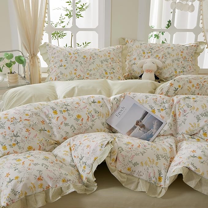 mixinni 100% Cotton Duvet Cover Set Full, Reversible Spring Floral Ruffle Green - Image 3
