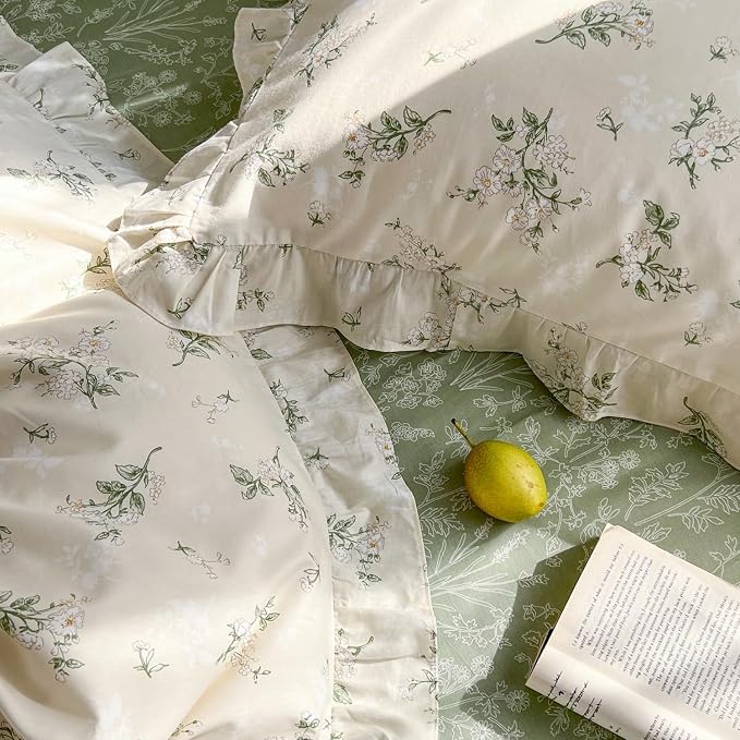 MKXI Botanical Floral Duvet Cover Twin XL Beige Girls Floral Ruffled Bedding - Image 6