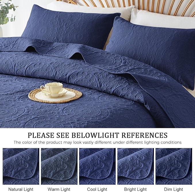 WURUIBO Navy Blue Quilt Set King/Cal King Size, Embossing Microfiber Bedspreads - Image 6