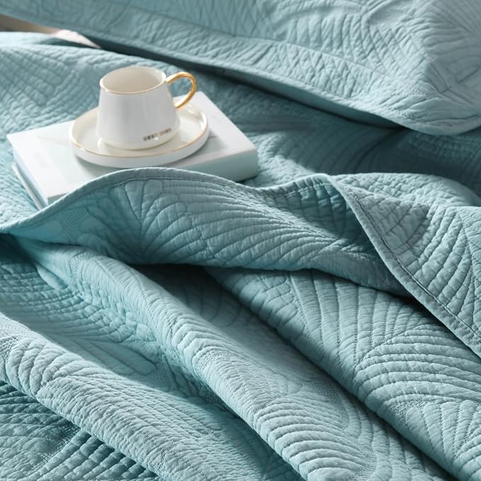 ROOMLIFE King Quilt Set Palm Leaves Pattern 3 PCS 100% Cotton Soft Breathable - Image 2