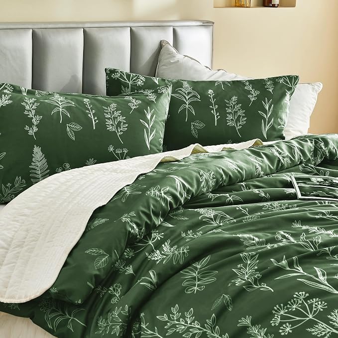 MUXHOMO Duvet Cover King Size, Reversible Floral Dark Green Duvet Cover Set - Image 6