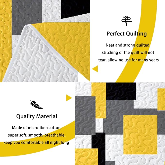 Tyrot 3 Piece Yellow Grey Quilt Set Full/Queen Size Yellow Gray White Geometric - Image 4