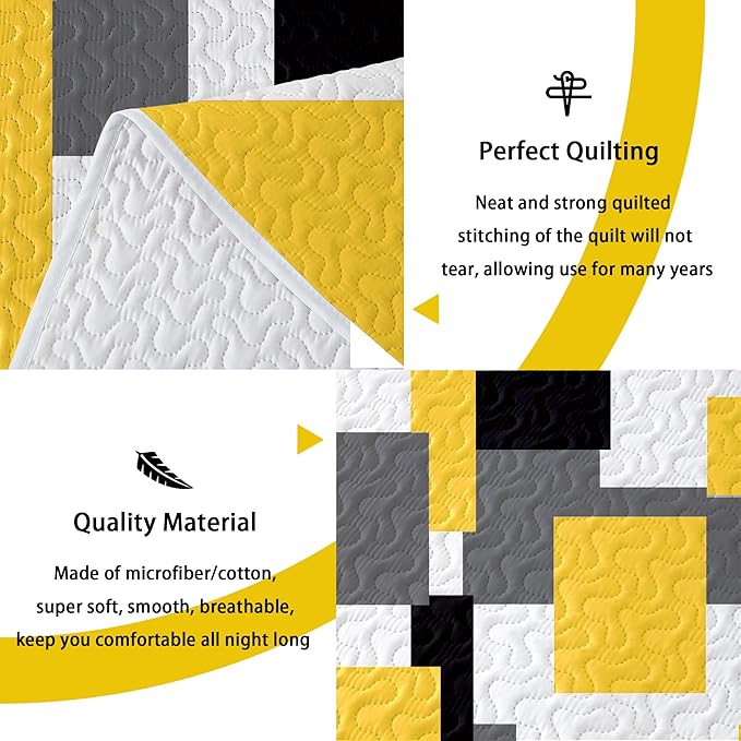 Tyrot 2 Piece Yellow Grey Quilt Set Twin Size Yellow Gray White Geometric - Image 4