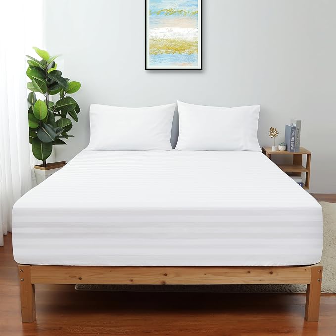 Twin Size Striped Fitted Sheet Only White Color, 100% Egyptian Cotton 600 by ShunjieHome