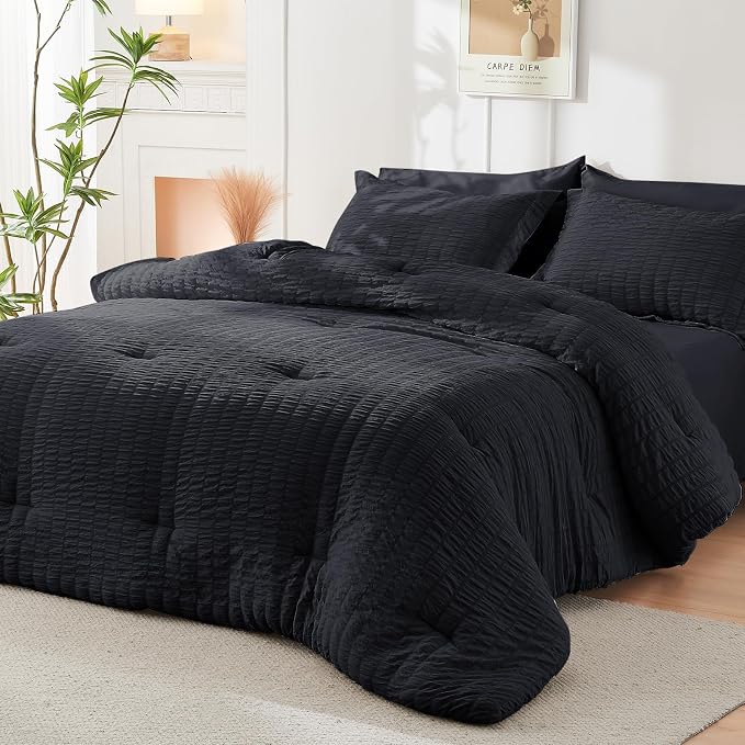 HYMOKEGE Black Full Size Comforter Sets Seersucker 7 Pieces, All Season Luxury - Image 8