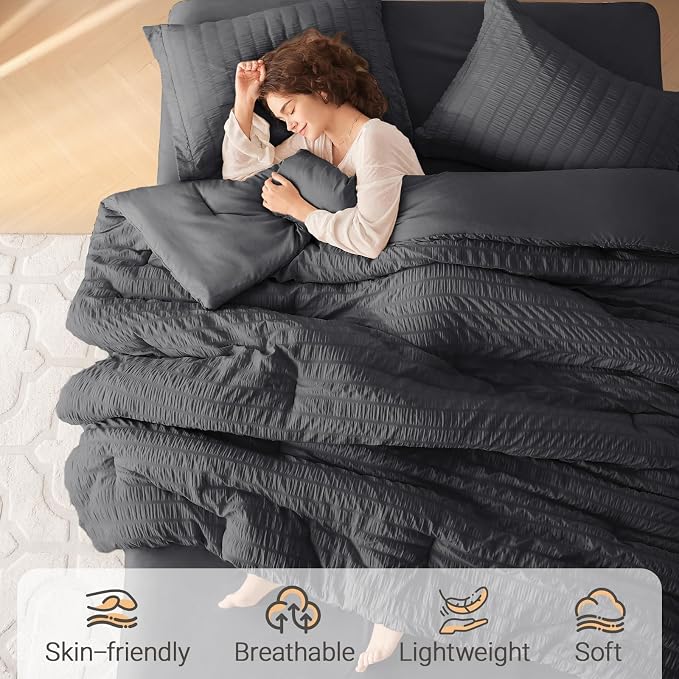 MUXHOMO 7 Pieces California King Comforter Set, Seersucker Bed in a Bag Cal - Image 2