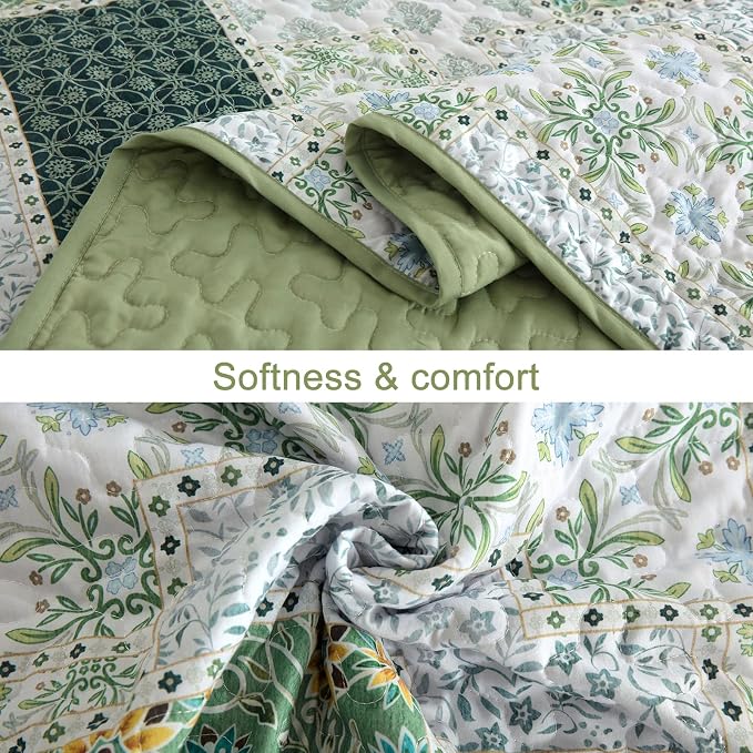 Xruibed Patchwork Quilt Set King Size 3 Pieces Plaid Floral Bedspread Coverlet - Image 6