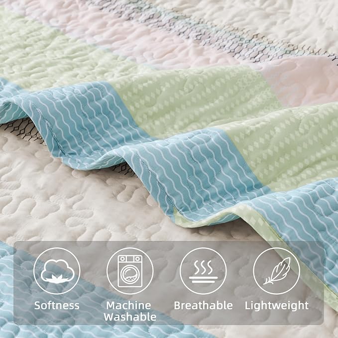 Andency Queen Quilt Bedding Set Blue Pink, 3 Pieces Patchwork Summer Striped - Image 5