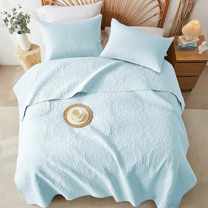 WURUIBO Sky Blue Quilt Set Queen Size, Embossing Microfiber Full Bedspreads - Image 8