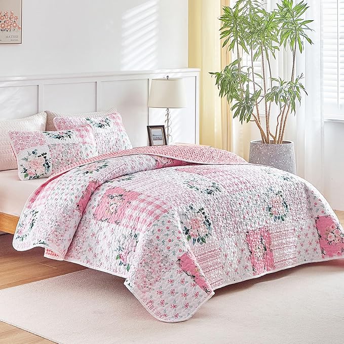 Joyreap 3 Pieces Floral Patchwork Quilt Set King, Soft n Cozy Microfiber Quilt - Image 2